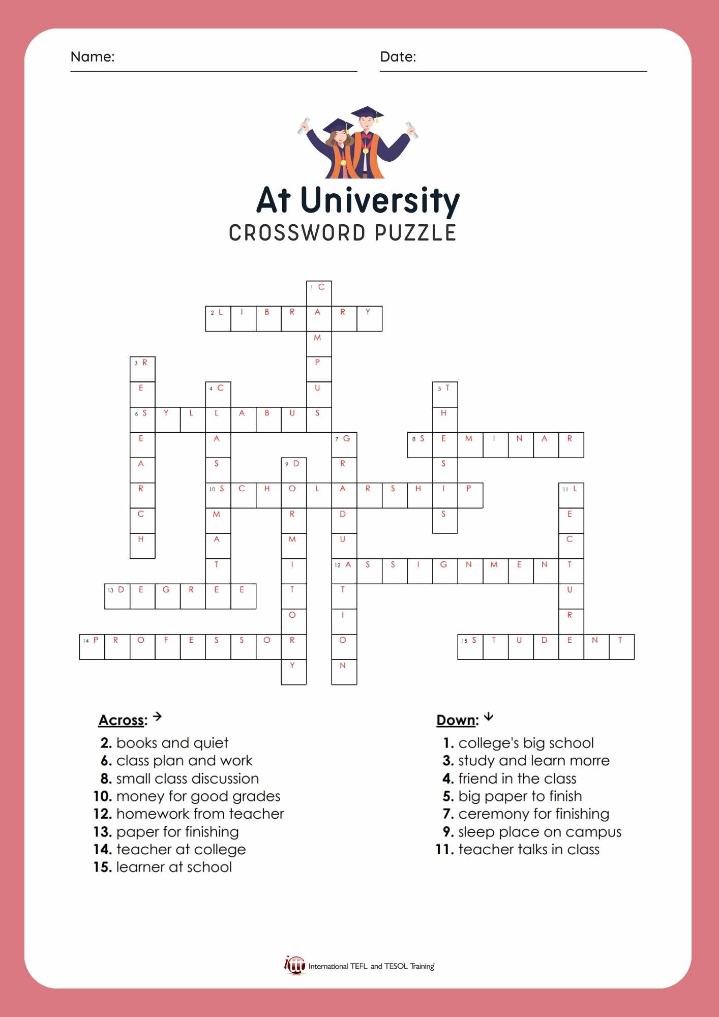 EFL University Vocabulary Crossword Puzzle | ️ ️ ️ ITTT